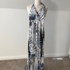 bebe Black & White Halter Animal-Print Maxi Dress